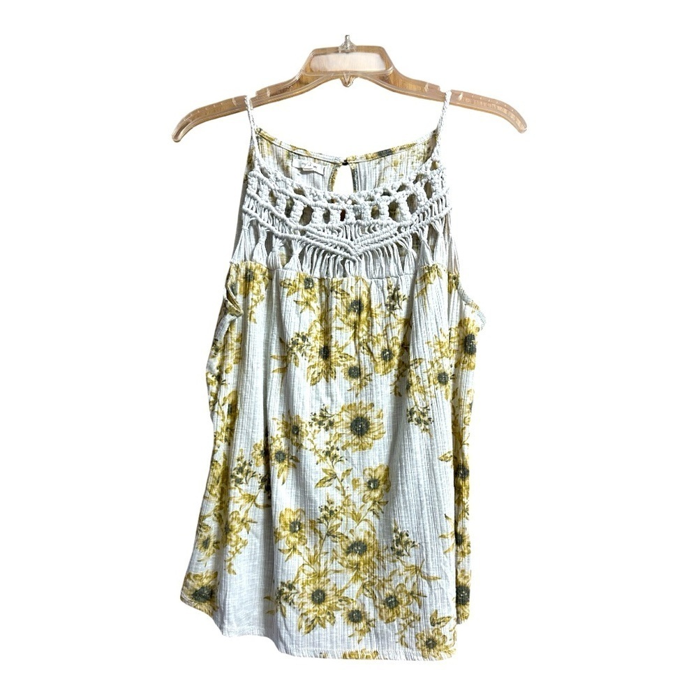 Maurices Sunflower Floral Yellow and White Women's Top, Crochet Details, Sz Lg